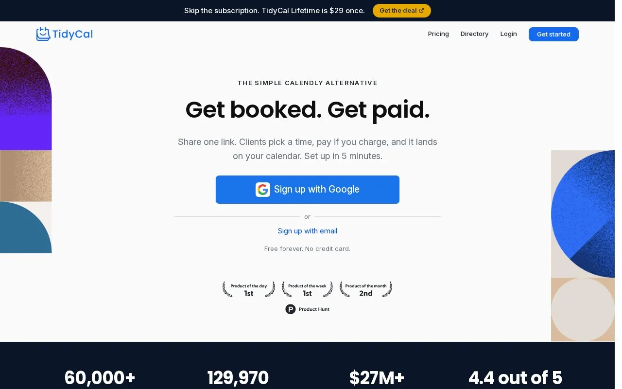 Screenshot of the TidyCal homepage