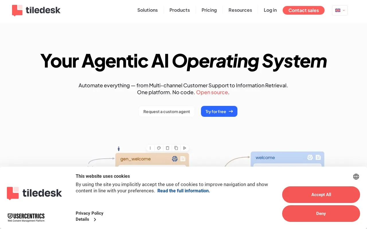 Screenshot of the Tiledesk homepage