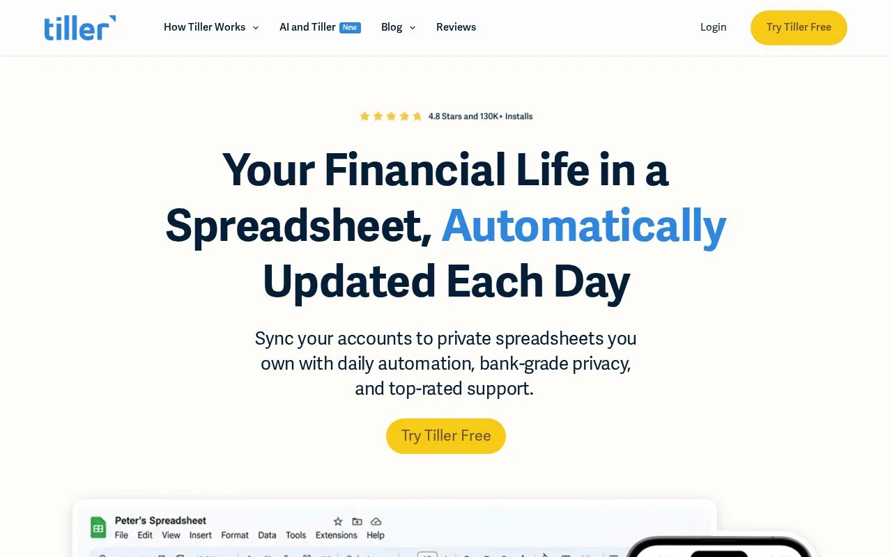 Screenshot of the Tiller homepage
