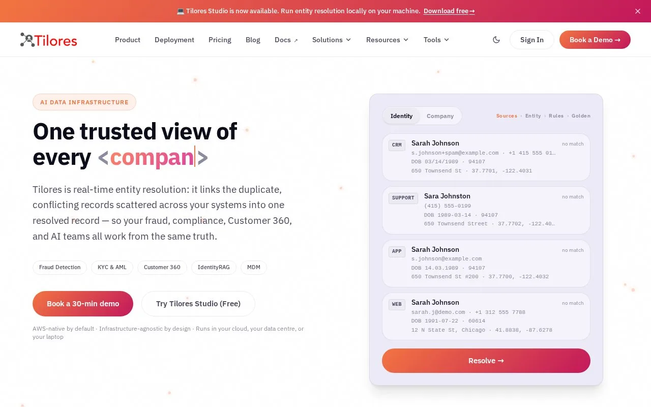 Screenshot of the Tilores homepage