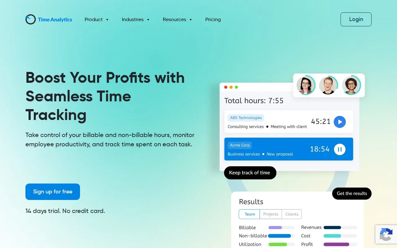 Screenshot of the Time Analytics homepage