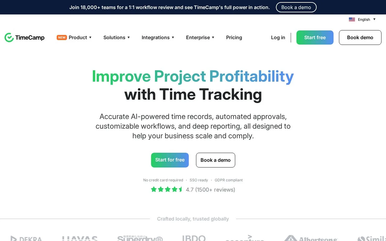 Screenshot of the TimeCamp homepage