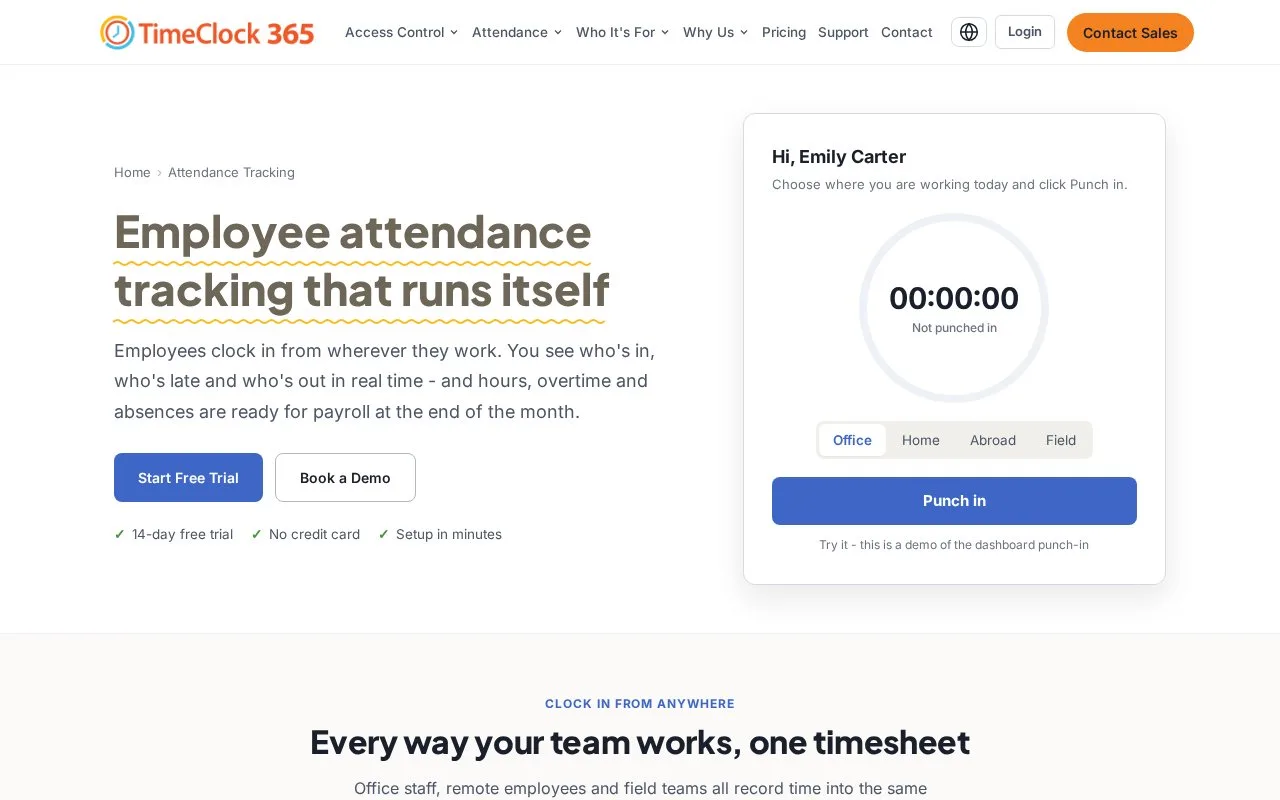 Screenshot of the TimeClock 365 Attendance homepage
