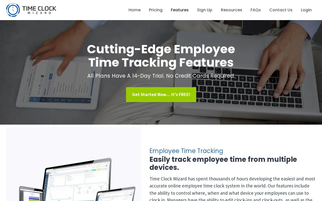 Screenshot of the Time Clock Wizard homepage