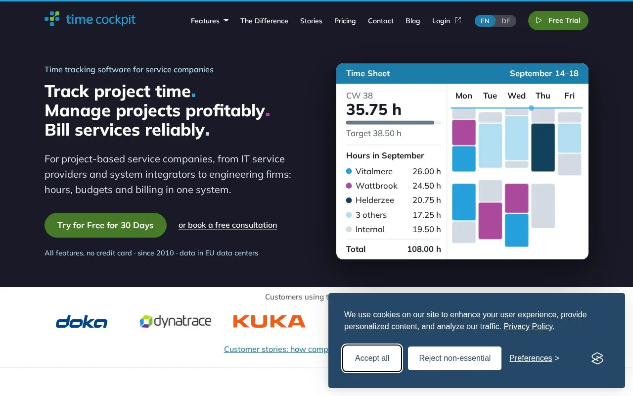 Screenshot of the time cockpit homepage