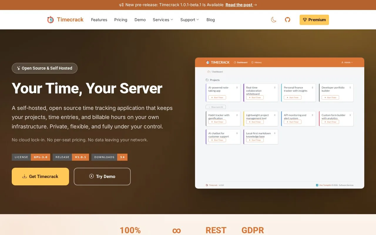 Screenshot of the Timecrack homepage
