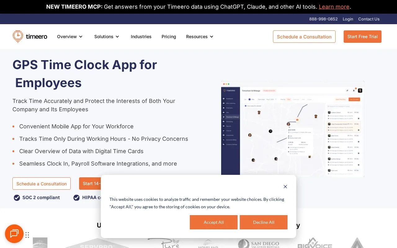 Screenshot of the Timeero homepage