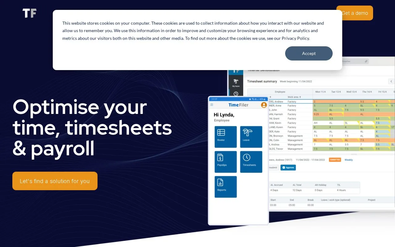 Screenshot of the TimeFiler homepage