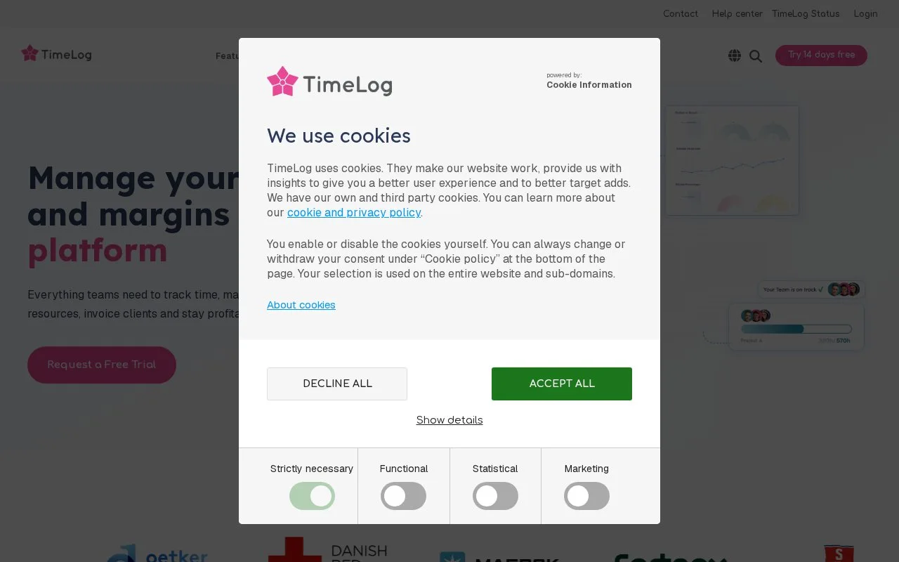 Screenshot of the TimeLog homepage