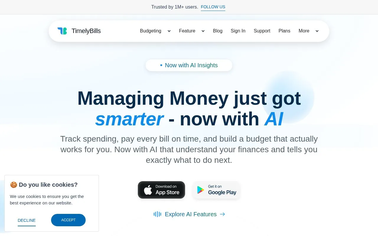 Screenshot of the TimelyBills homepage