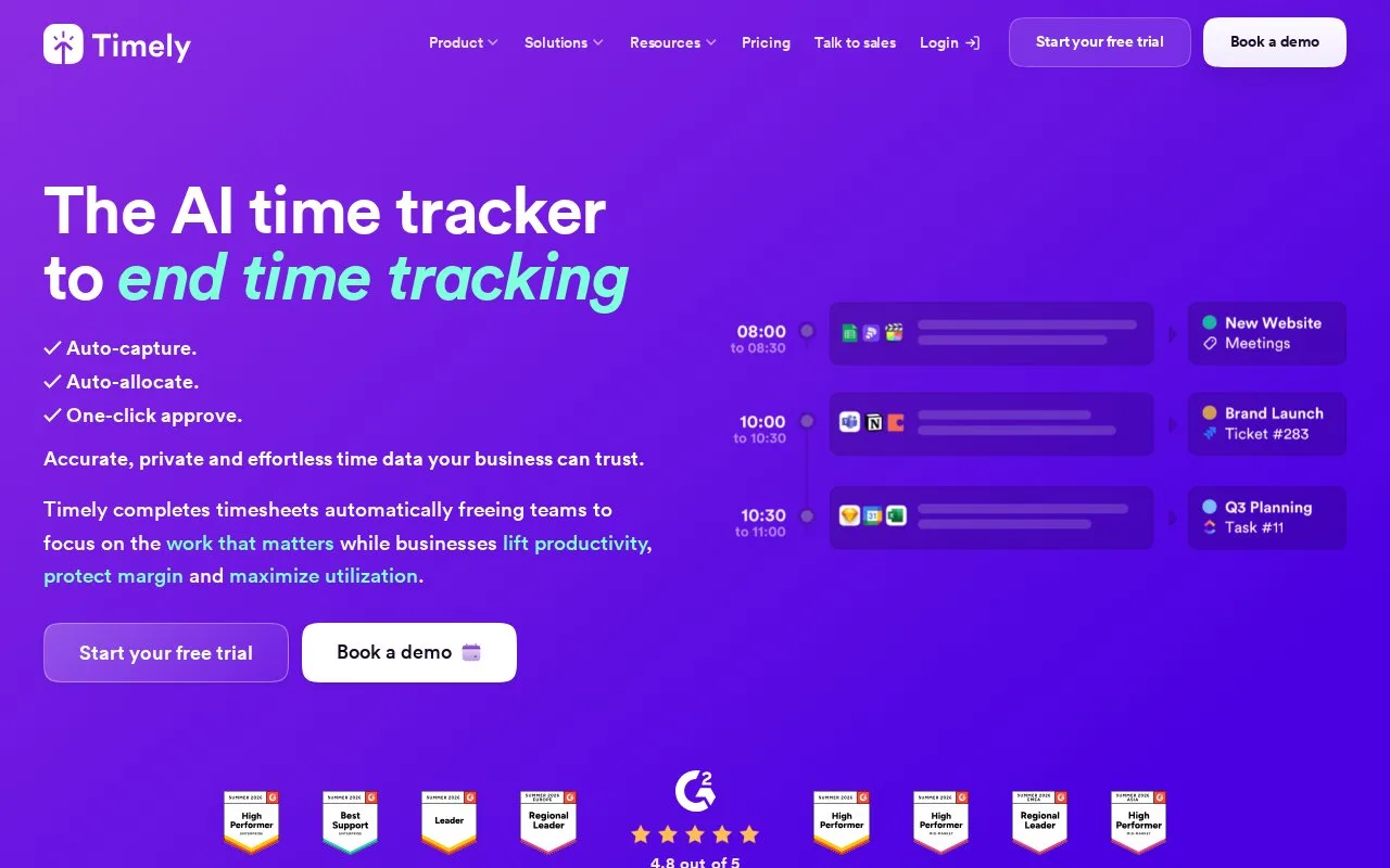 Screenshot of the Timely homepage