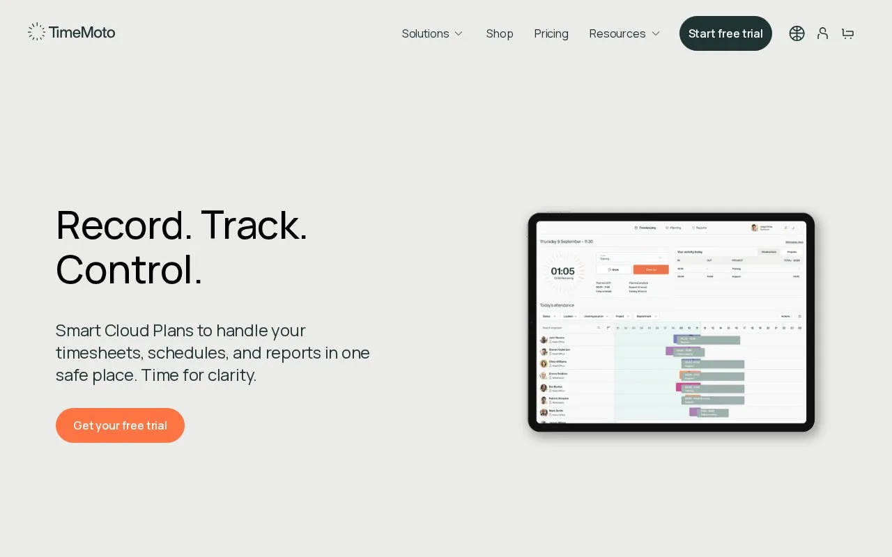 Screenshot of the TimeMoto Cloud homepage