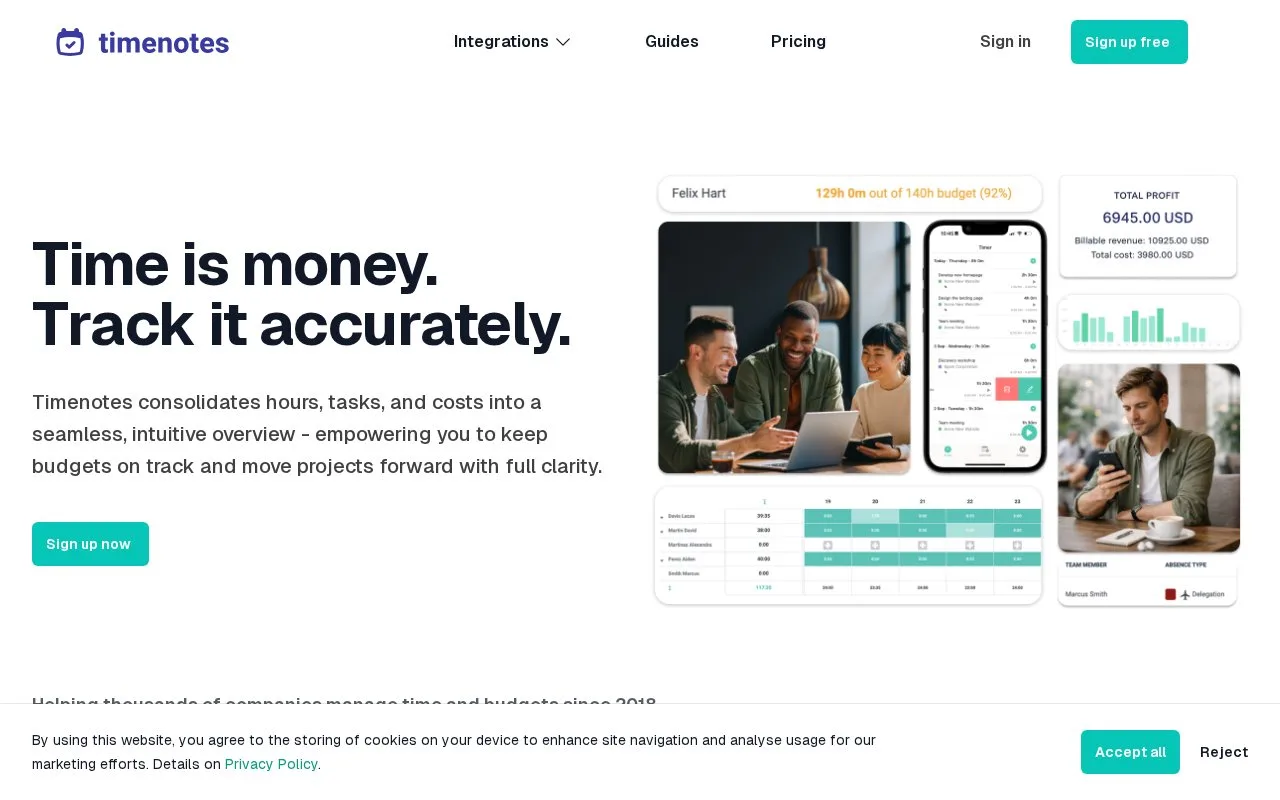 Screenshot of the Timenotes homepage