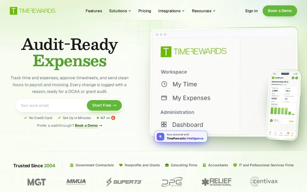 Screenshot of the TimeRewards homepage