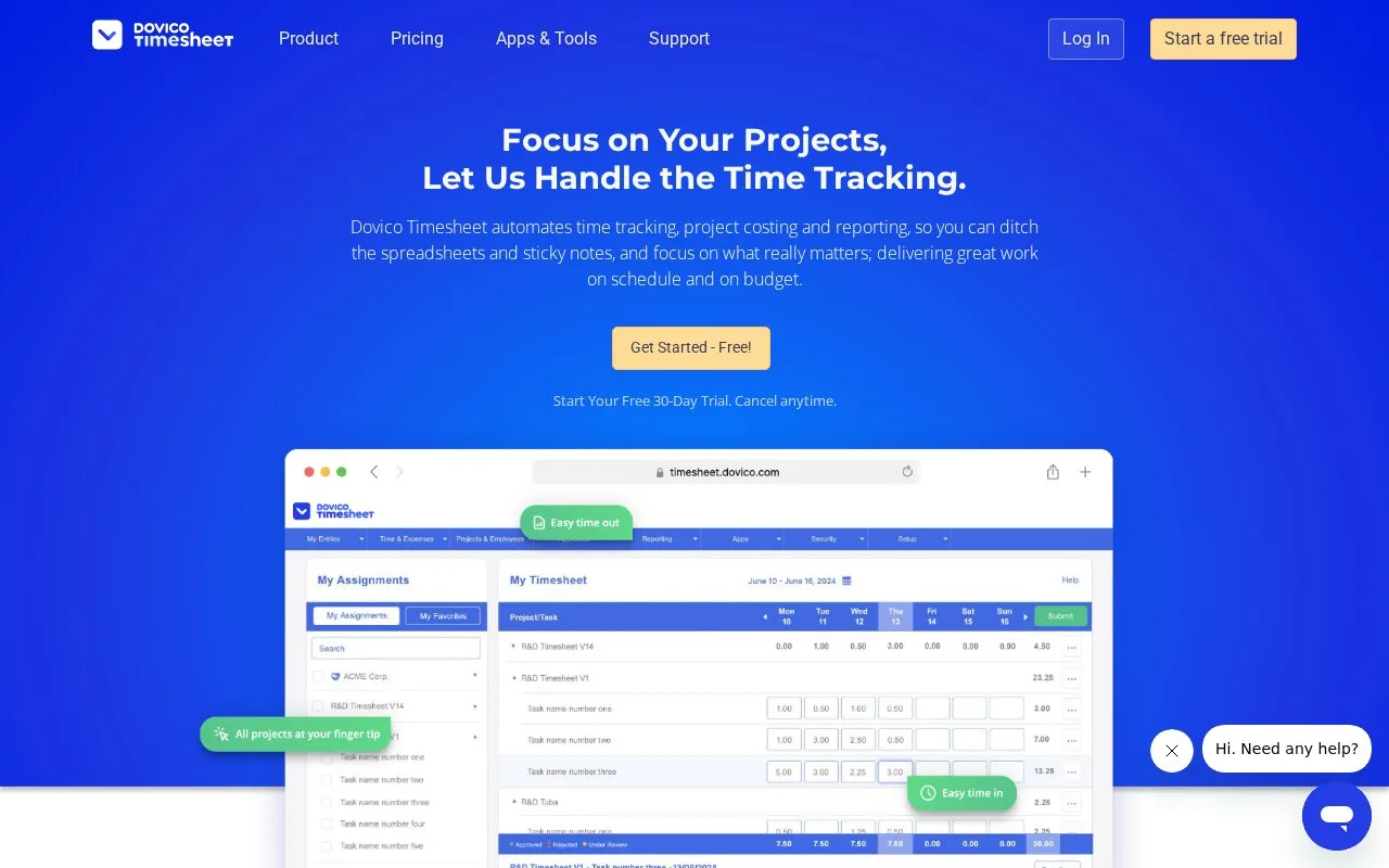 Screenshot of the Dovico Timesheet homepage