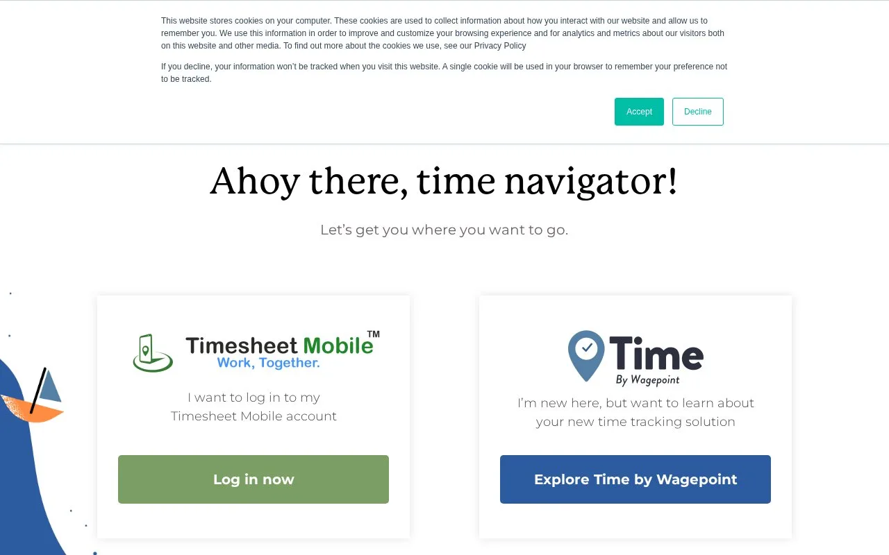Screenshot of the Timesheet Mobile homepage