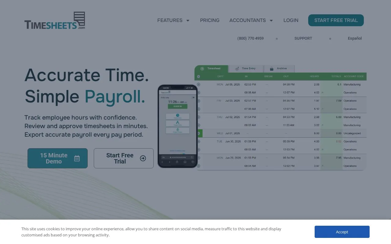 Screenshot of the Timesheets.com homepage