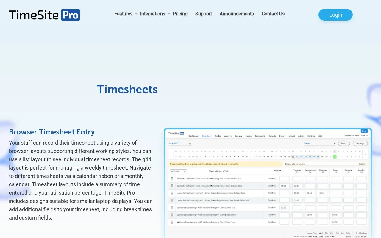 Screenshot of the TimeSite Pro homepage