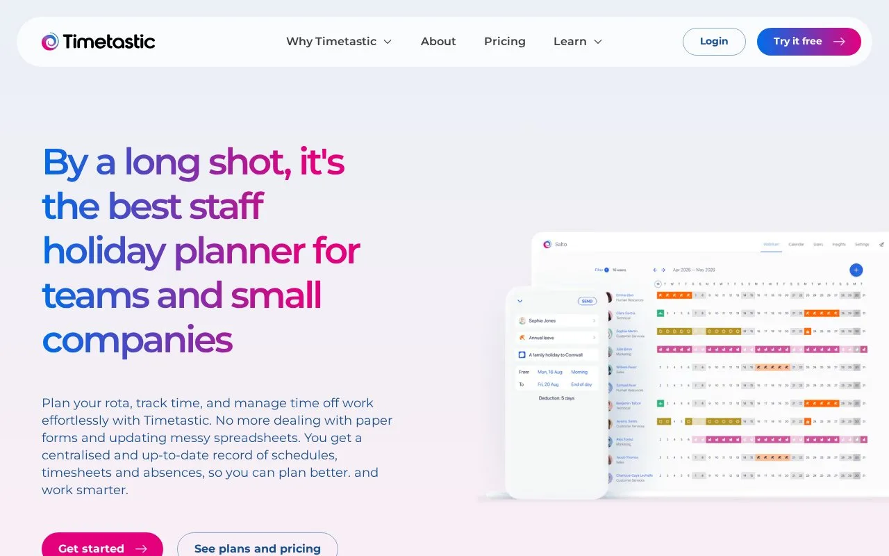 Screenshot of the Timetastic homepage
