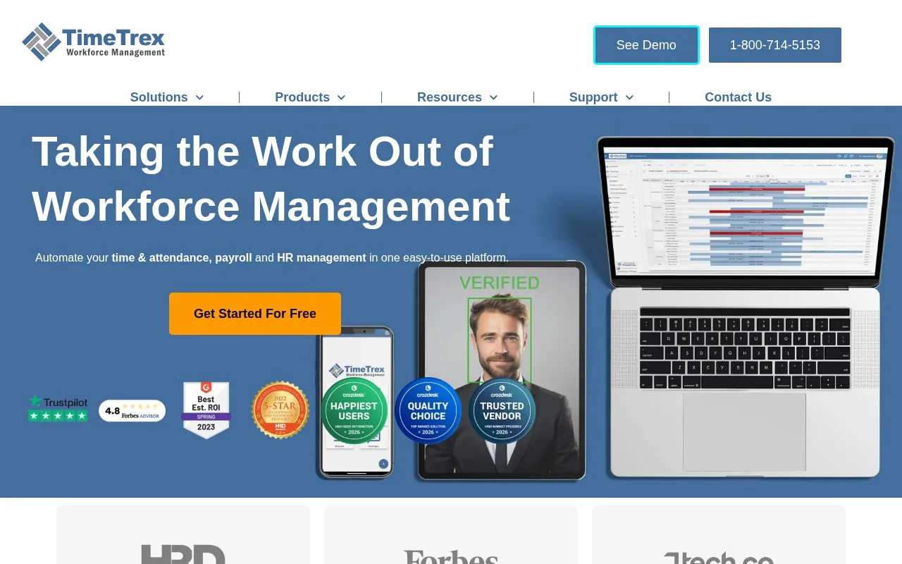 Screenshot of the TimeTrex homepage