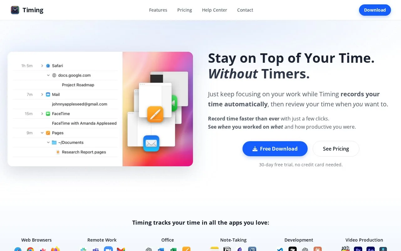Screenshot of the Timing homepage