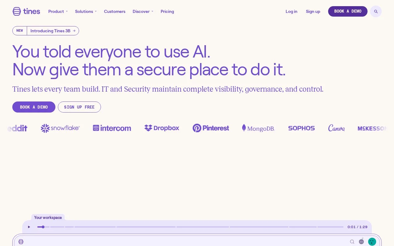 Screenshot of the Tines homepage