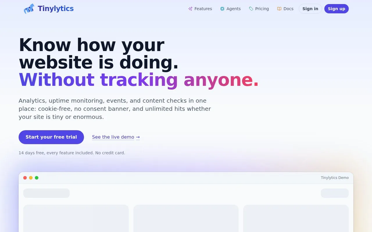 Screenshot of the Tinylytics homepage