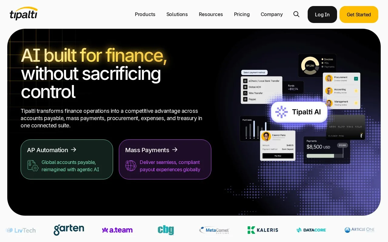 Screenshot of the Tipalti homepage