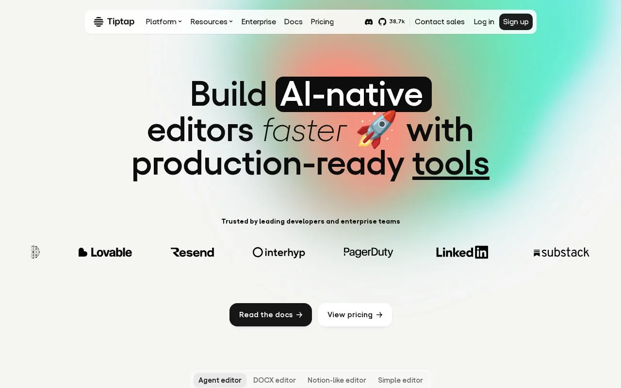 Screenshot of the Tiptap homepage