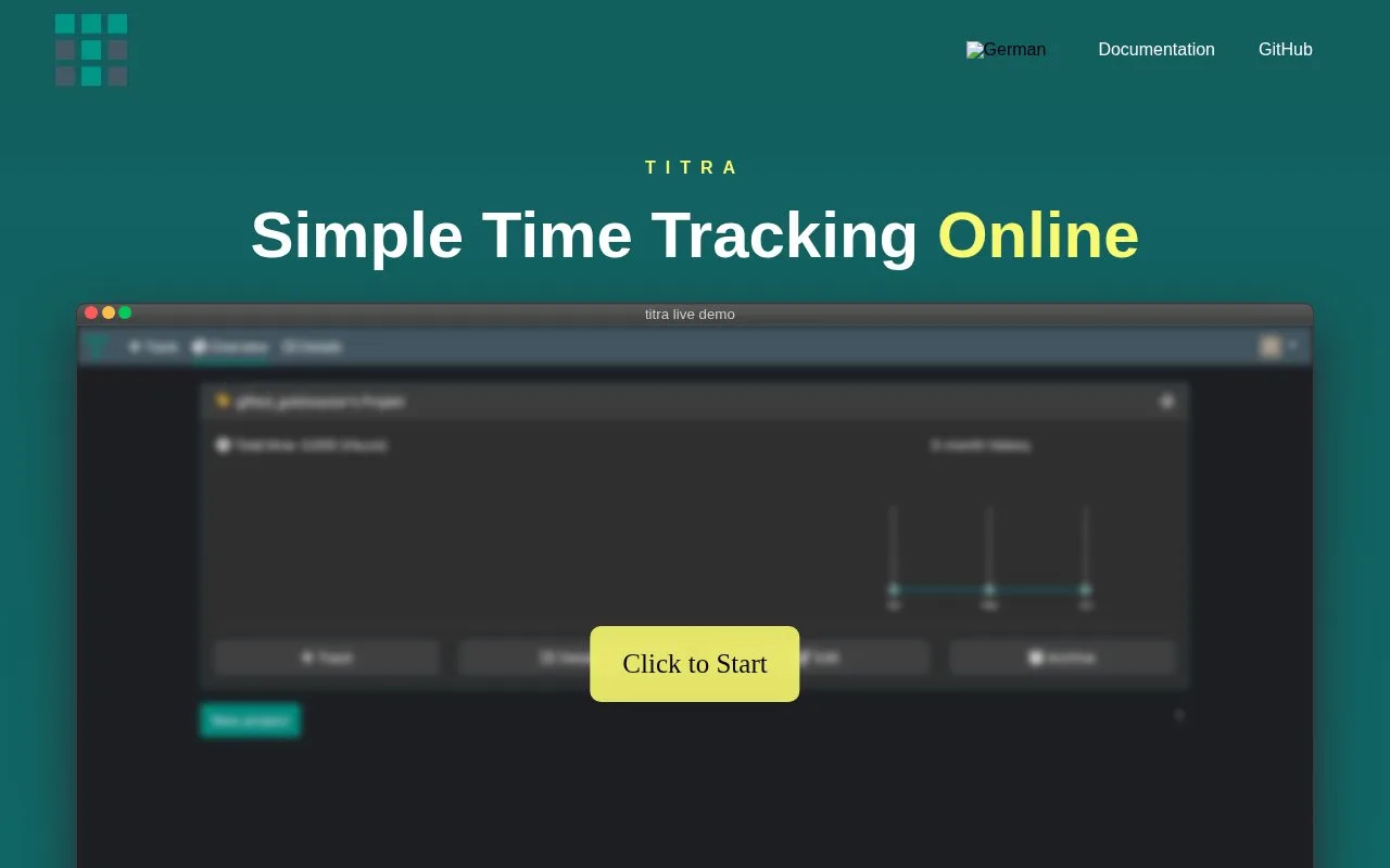 Screenshot of the titra homepage
