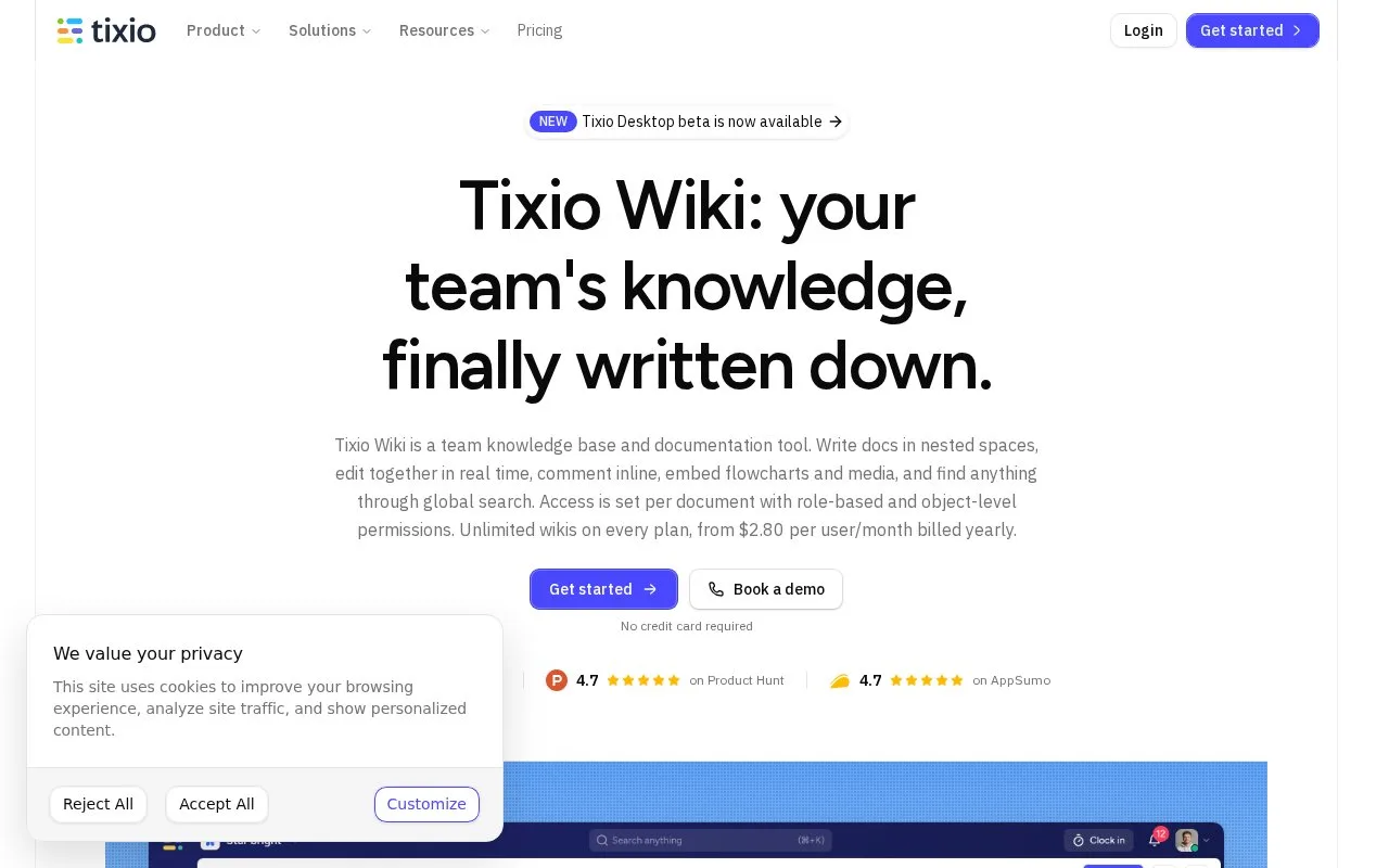 Screenshot of the Tixio Wiki homepage