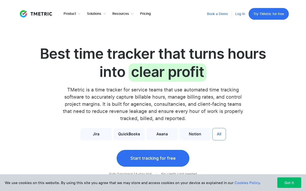 Screenshot of the TMetric homepage