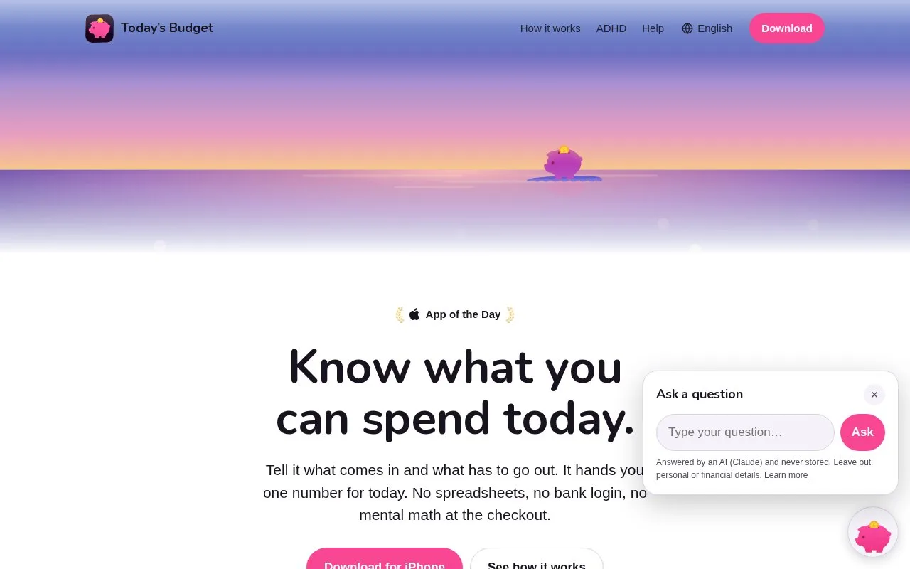 Screenshot of the Today’s Budget homepage