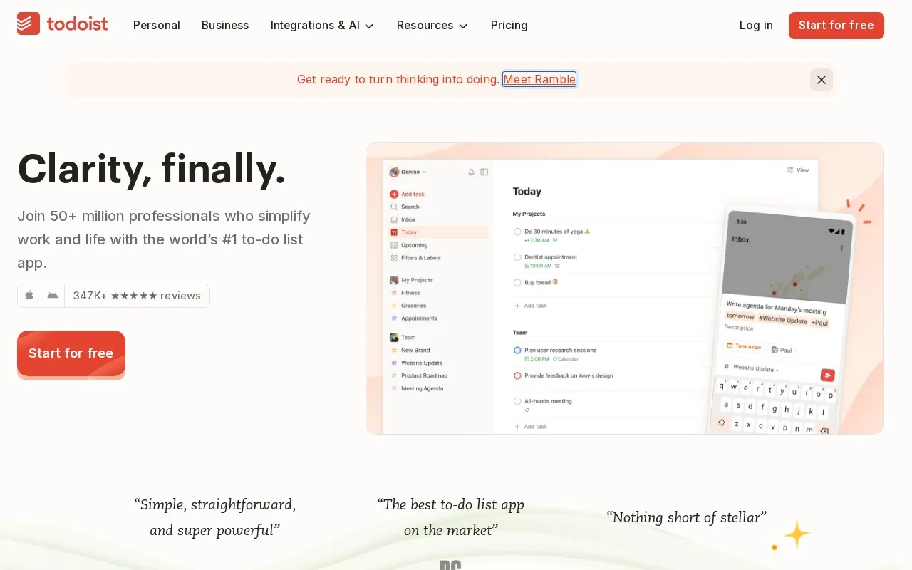 Screenshot of the Todoist homepage
