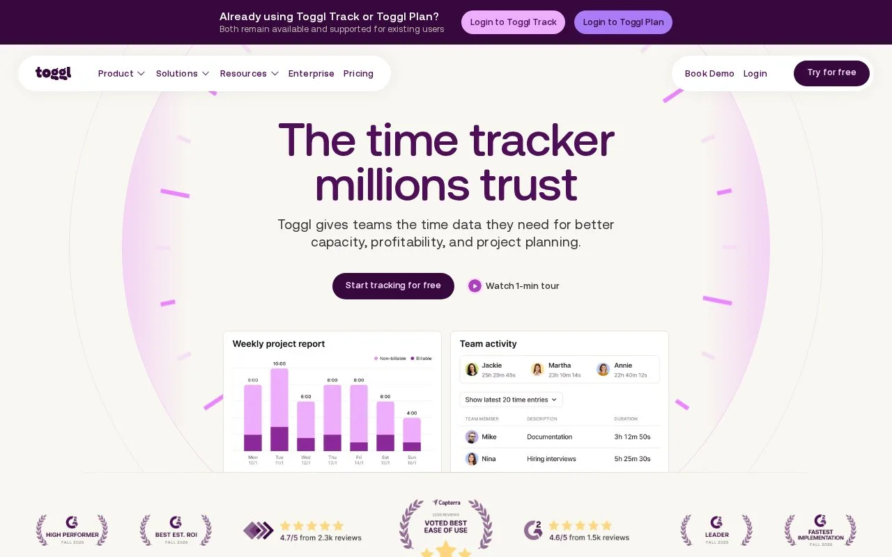Screenshot of the Toggl Track homepage