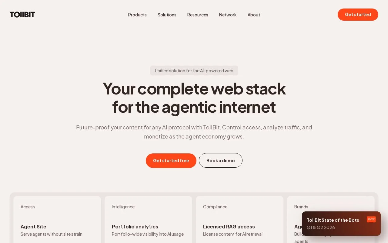 Screenshot of the TollBit homepage