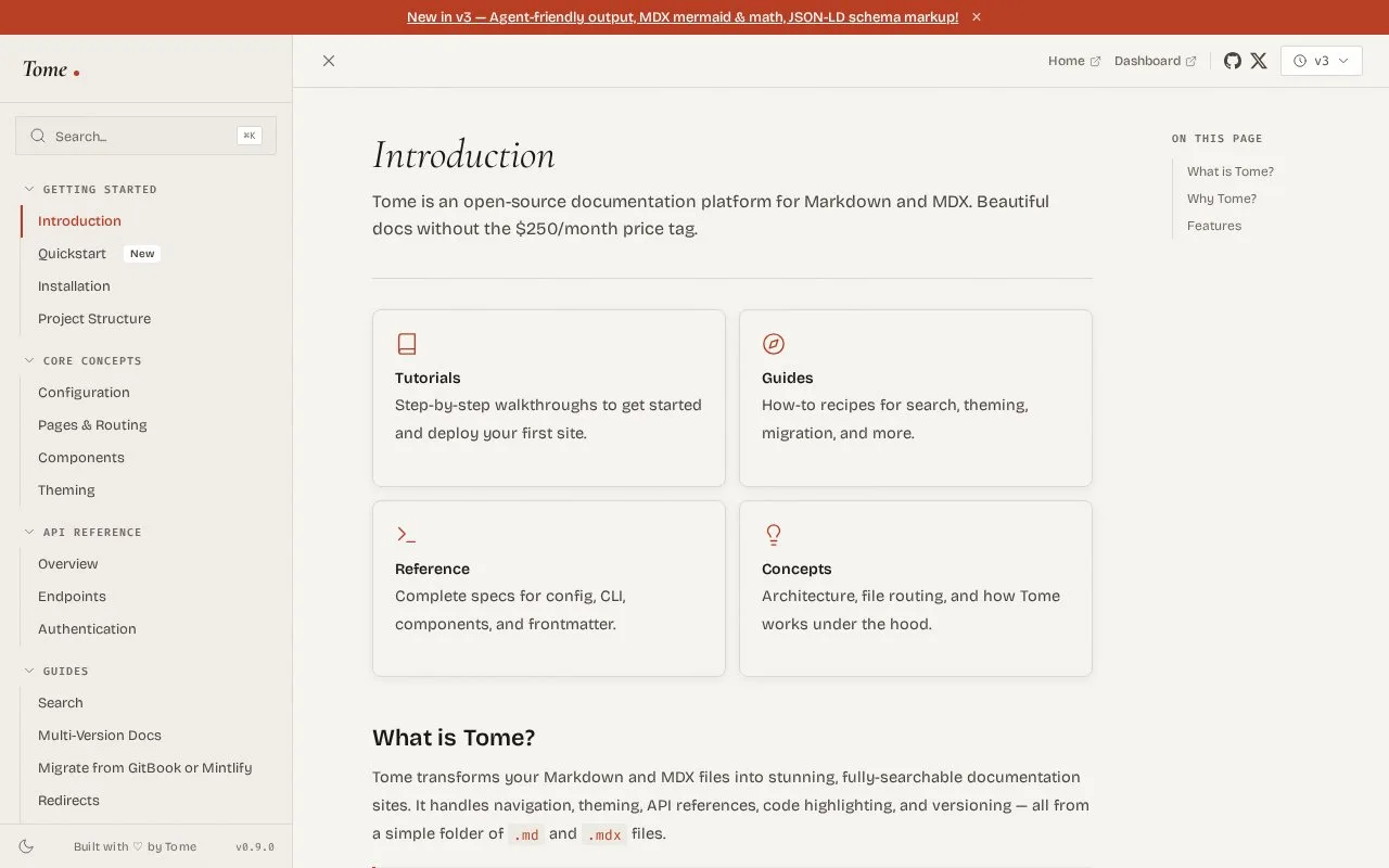 Screenshot of the Tome homepage