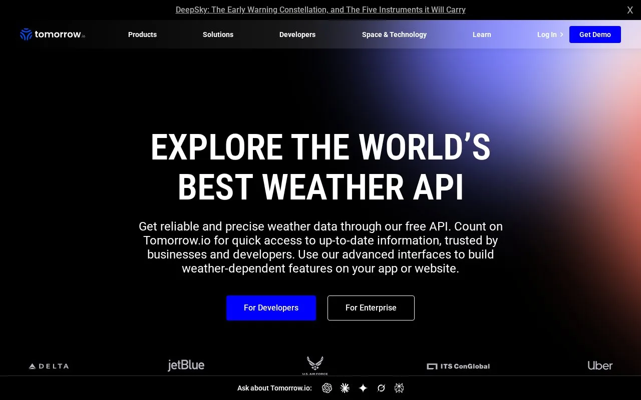 Screenshot of the Tomorrow.io Weather API homepage