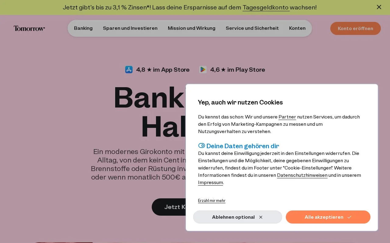Screenshot of the Tomorrow homepage