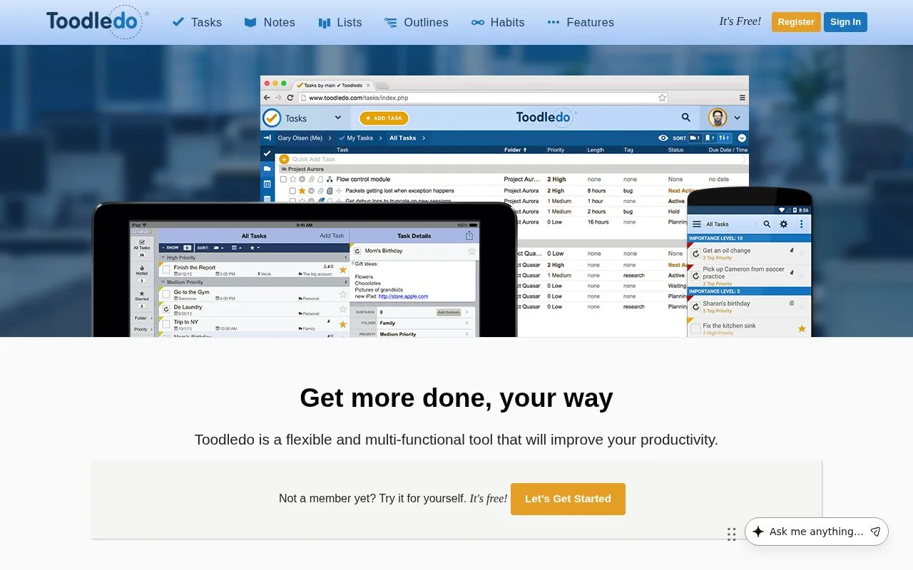 Screenshot of the Toodledo homepage