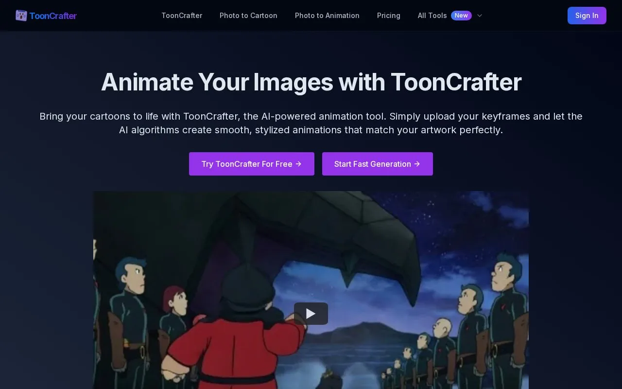 Screenshot of the ToonCrafter homepage
