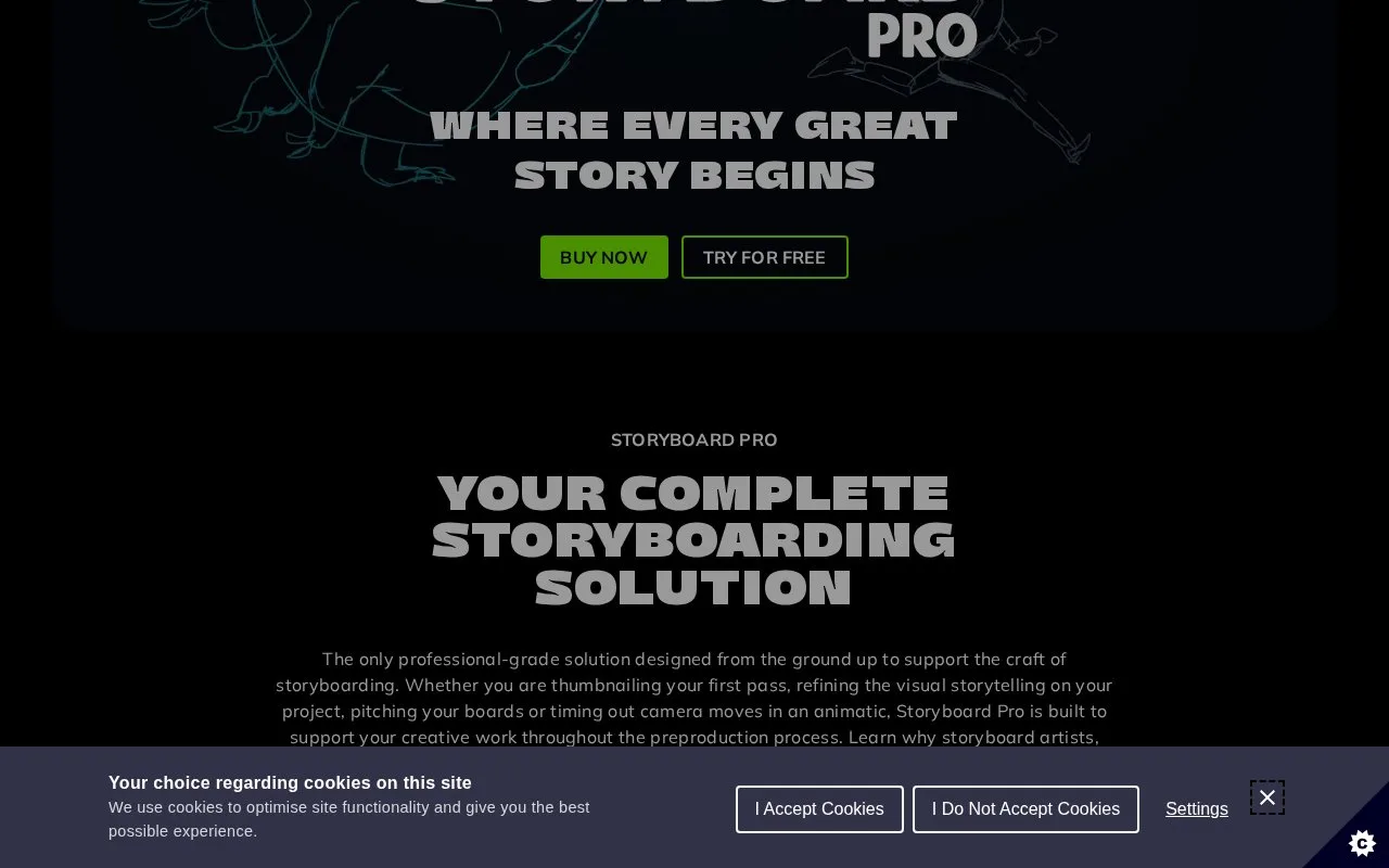 Screenshot of the Toon Boom Storyboard Pro homepage