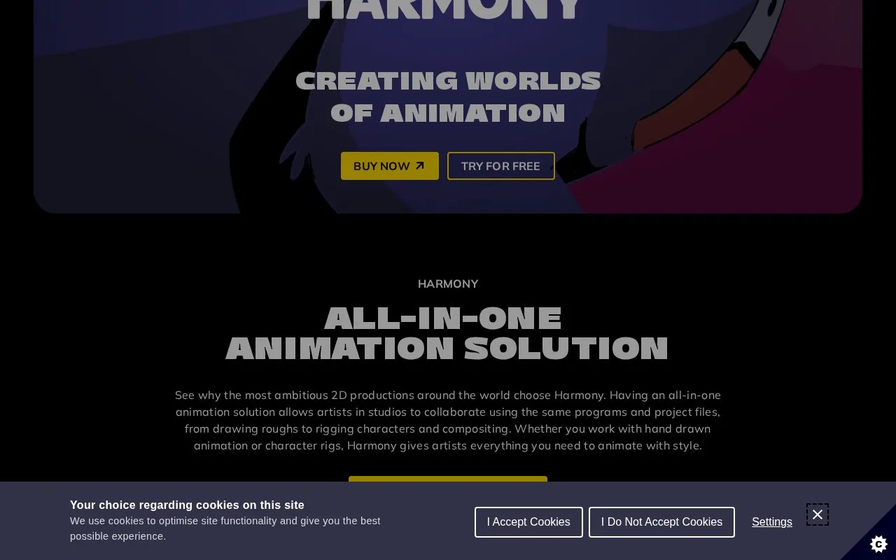 Screenshot of the Toon Boom Harmony homepage