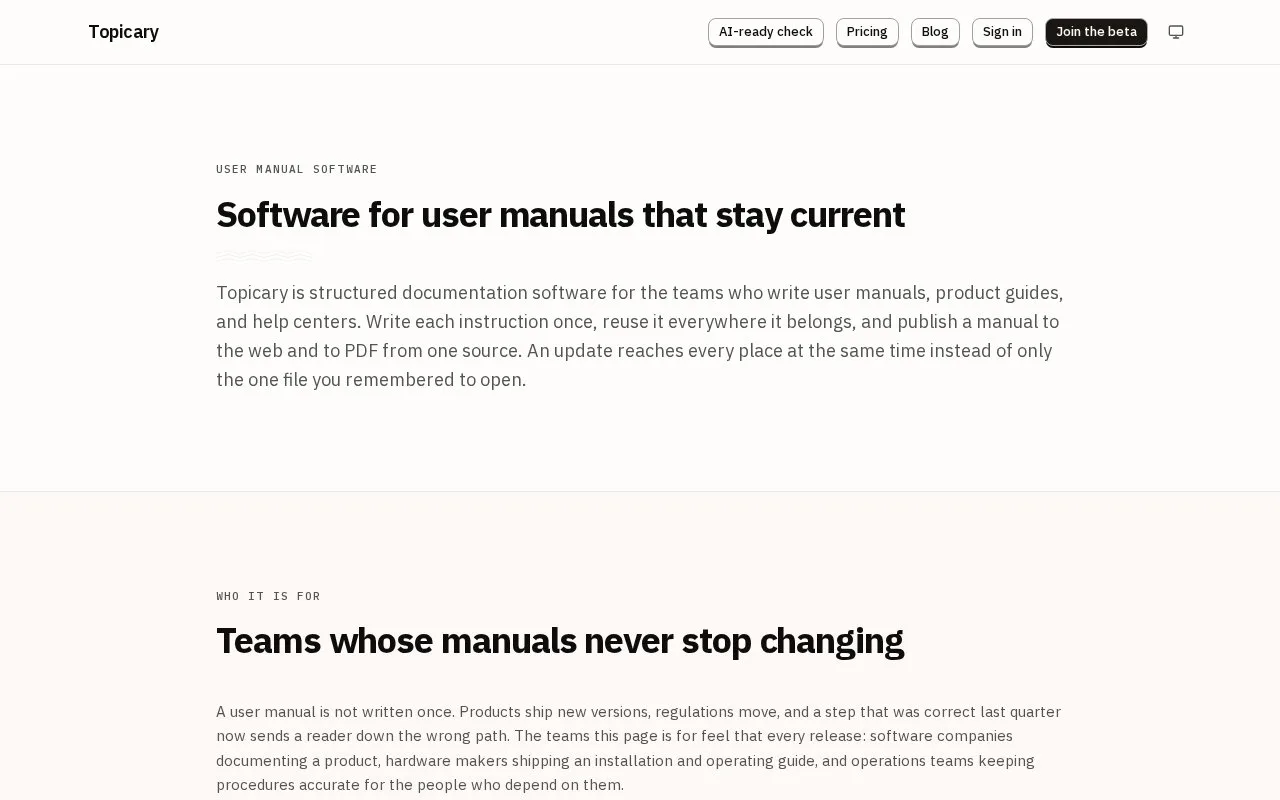 Screenshot of the Topicary homepage