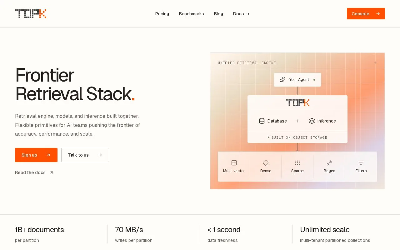 Screenshot of the TopK homepage