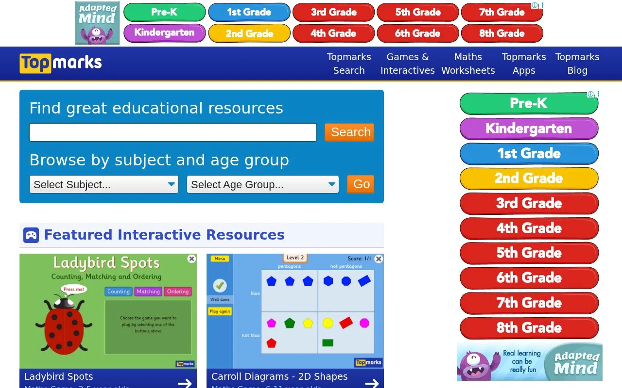Screenshot of the Topmarks homepage
