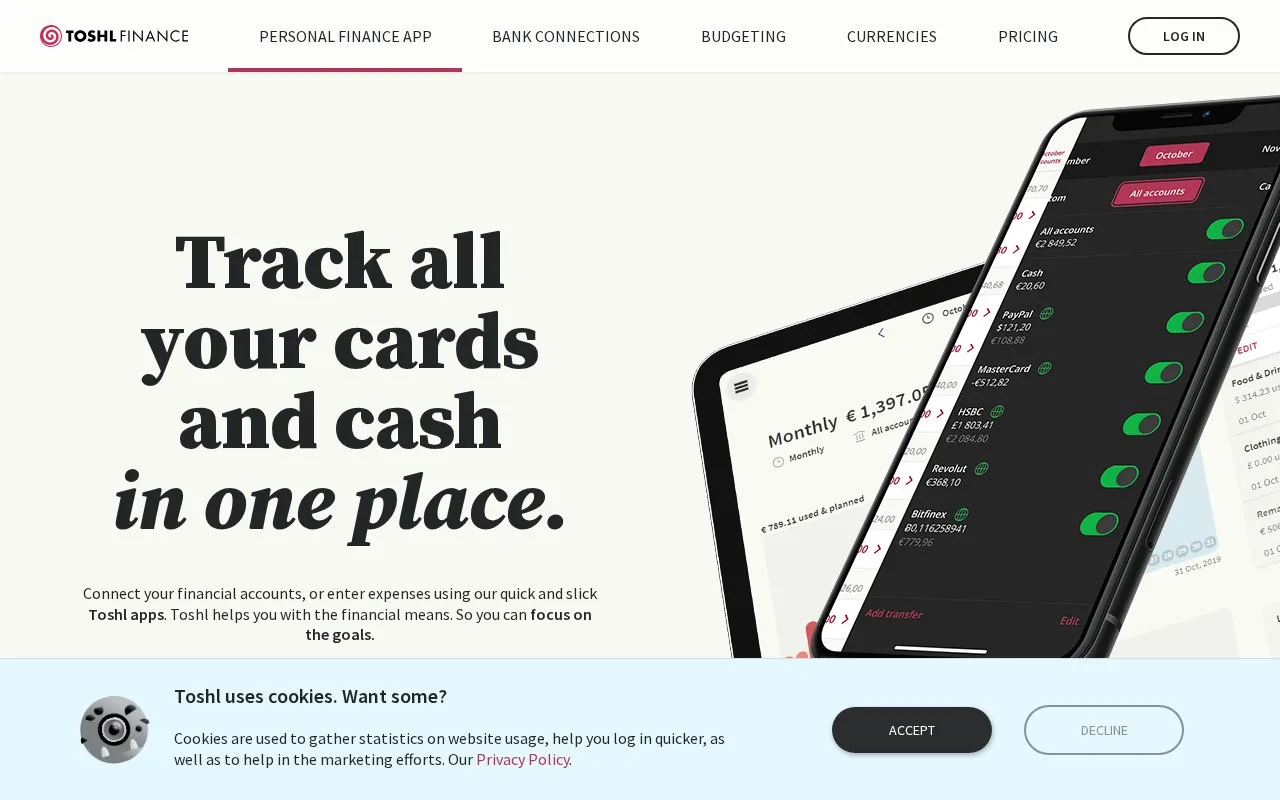 Screenshot of the Toshl Finance homepage