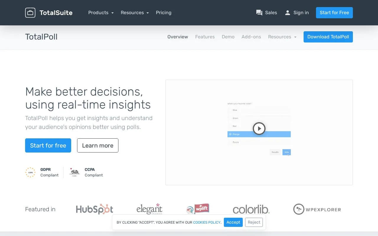 Screenshot of the TotalPoll homepage