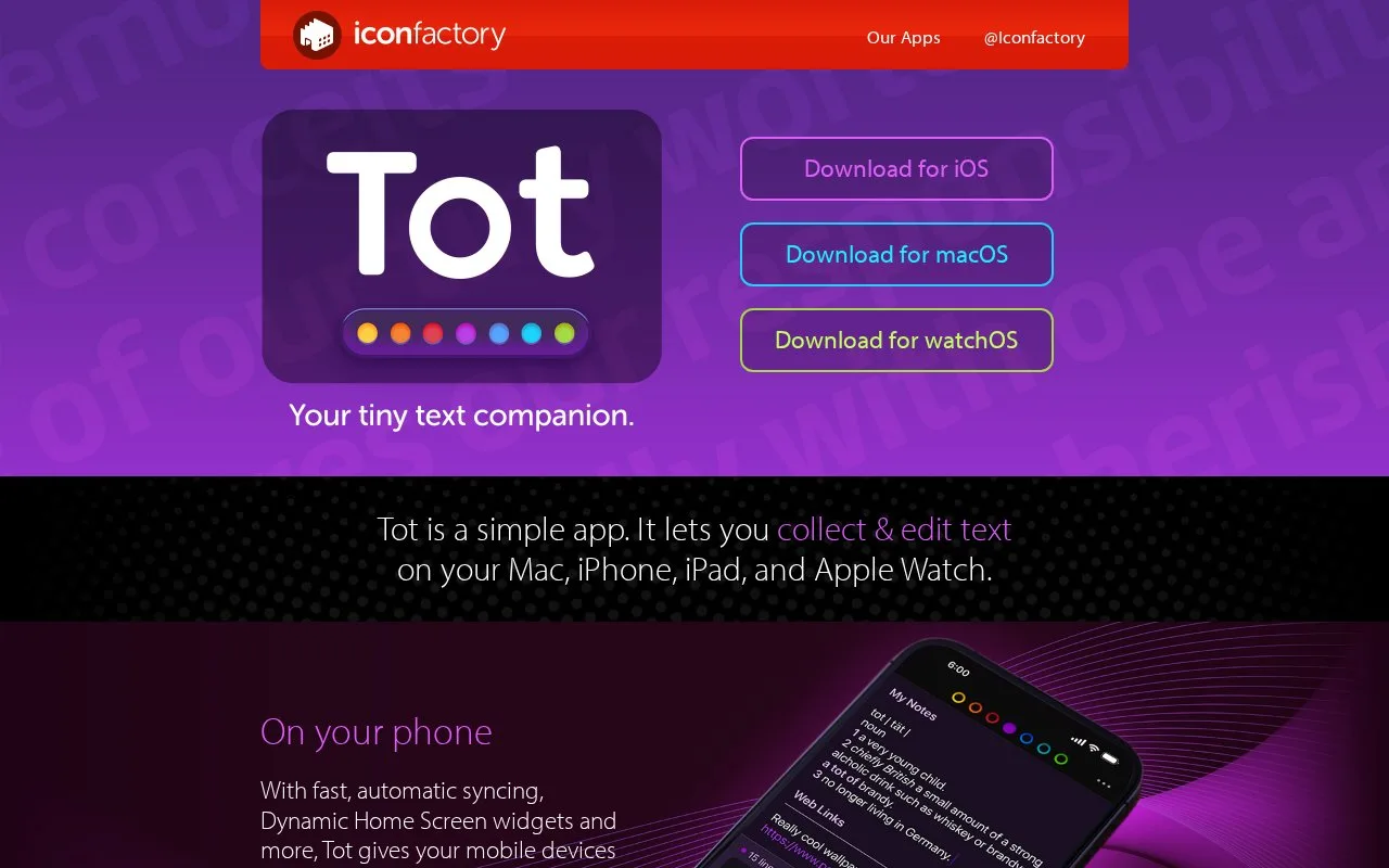 Screenshot of the Tot homepage