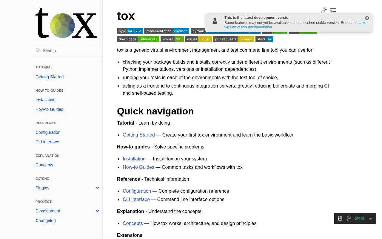 Screenshot of the tox homepage
